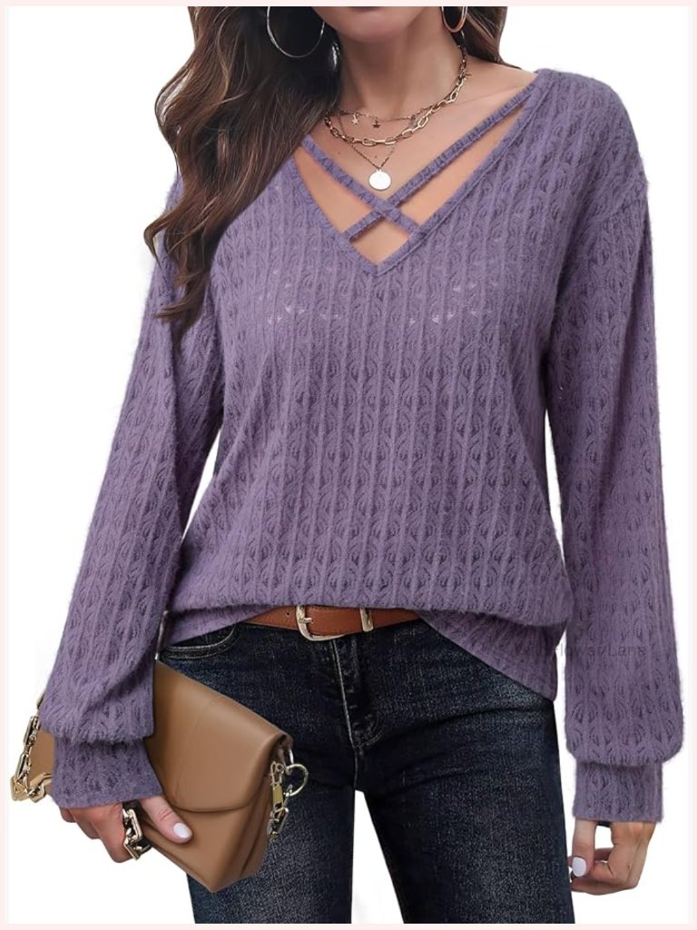 Soft Fuzzy Knit Hollow Out Lace Blouse Criss Cross V Neck Tops Dressy Casual
